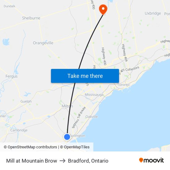 Mill at Mountain Brow to Bradford, Ontario map