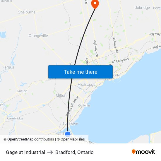 Gage at Industrial to Bradford, Ontario map