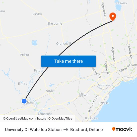 University Of Waterloo Station to Bradford, Ontario map