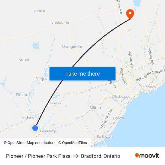 Pioneer / Pioneer Park Plaza to Bradford, Ontario map