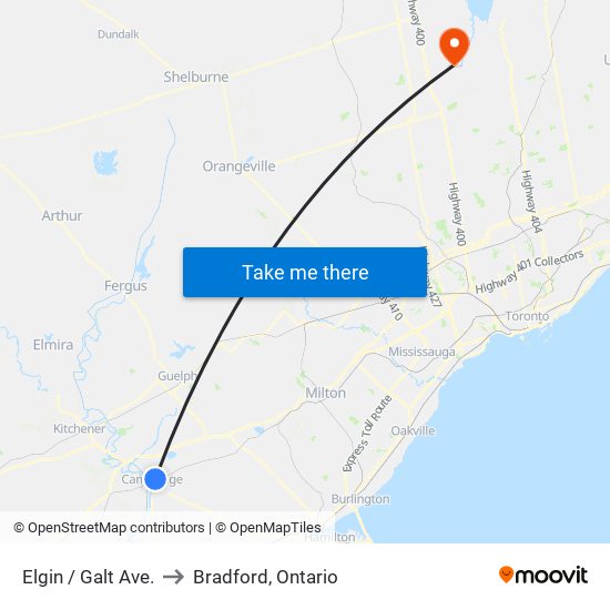 Elgin / Galt Ave. to Bradford, Ontario map