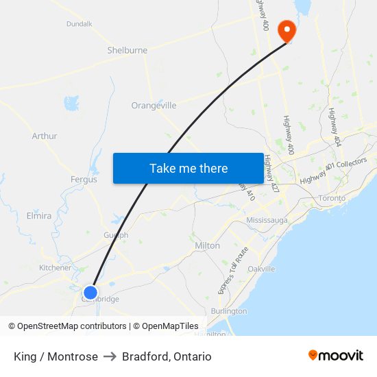 King / Montrose to Bradford, Ontario map
