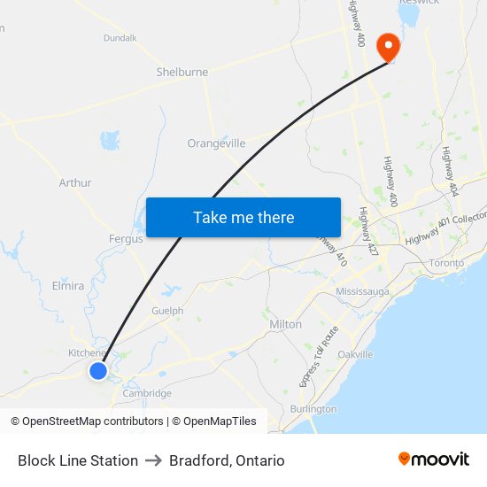 Block Line Station to Bradford, Ontario map