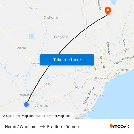 Huron / Woodbine to Bradford, Ontario map