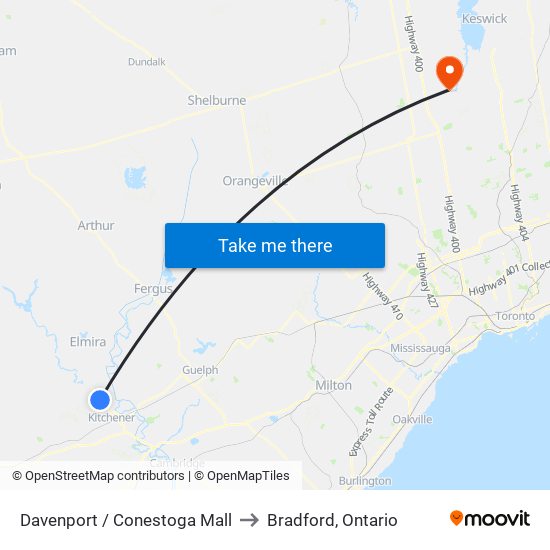 Davenport / Conestoga Mall to Bradford, Ontario map