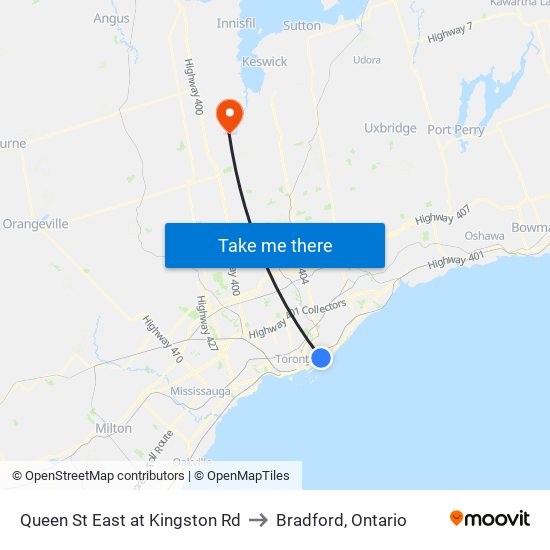 Queen St East at Kingston Rd to Bradford, Ontario map