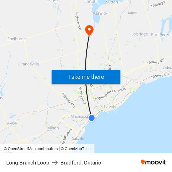 Long Branch Loop to Bradford, Ontario map