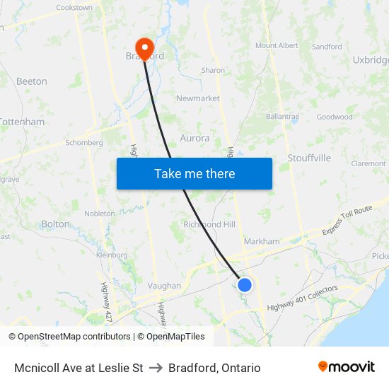 Mcnicoll Ave at Leslie St to Bradford, Ontario map