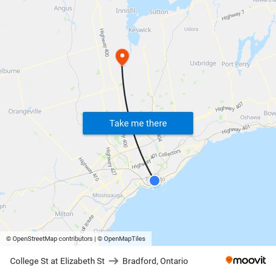 College St at Elizabeth St to Bradford, Ontario map