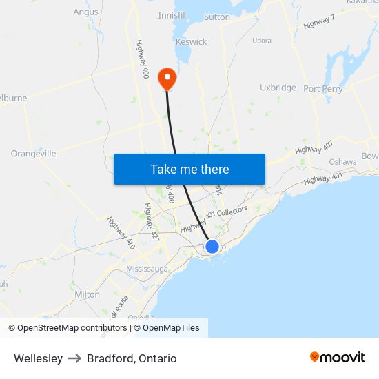 Wellesley to Bradford, Ontario map