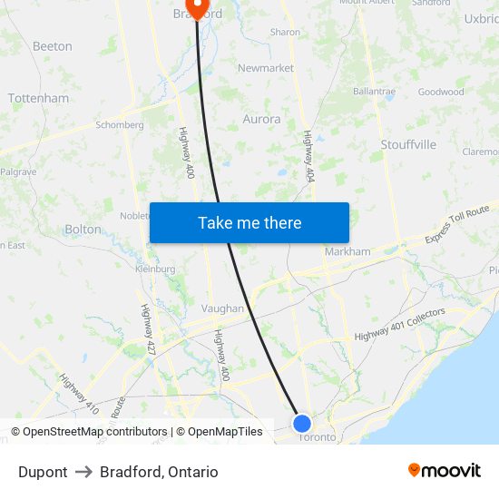 Dupont to Bradford, Ontario map