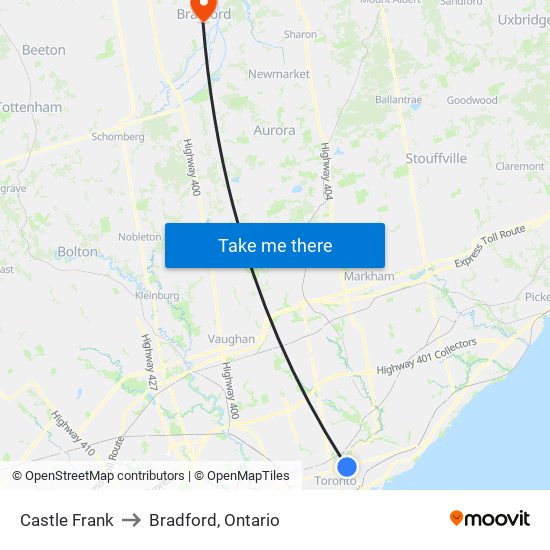 Castle Frank to Bradford, Ontario map