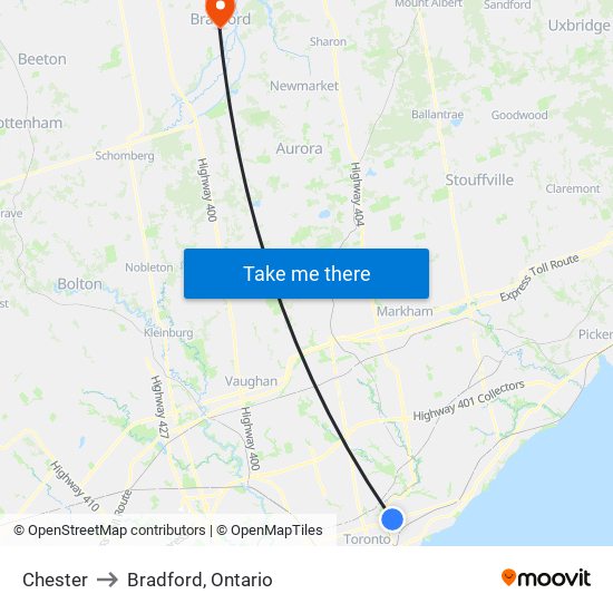 Chester to Bradford, Ontario map