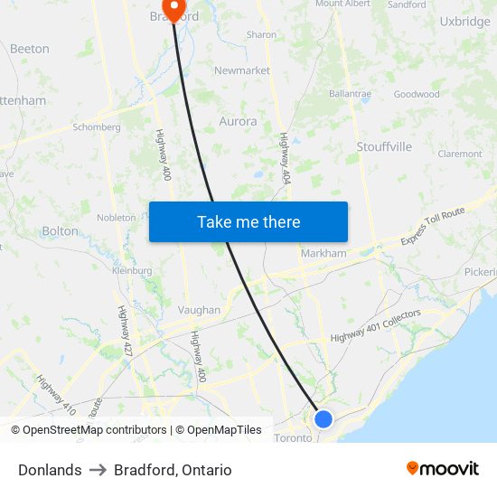 Donlands to Bradford, Ontario map