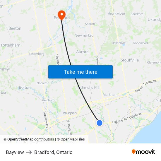 Bayview to Bradford, Ontario map