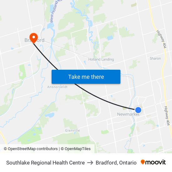 Southlake Regional Health Centre to Bradford, Ontario map