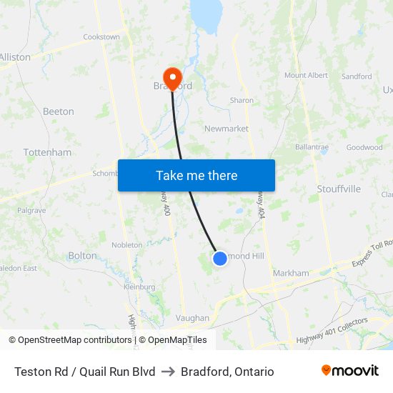 Teston Rd / Quail Run Blvd to Bradford, Ontario map