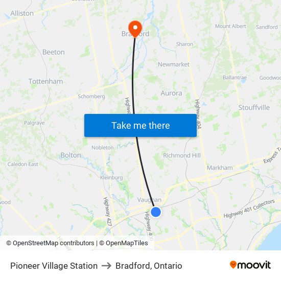 Pioneer Village Station to Bradford, Ontario map