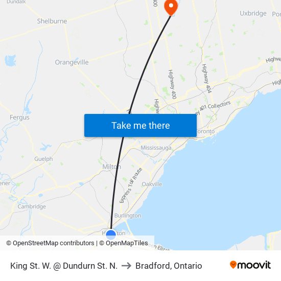 King St. W. @ Dundurn St. N. to Bradford, Ontario map