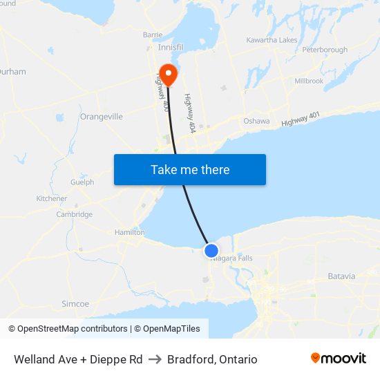 Welland Ave + Dieppe Rd to Bradford, Ontario map