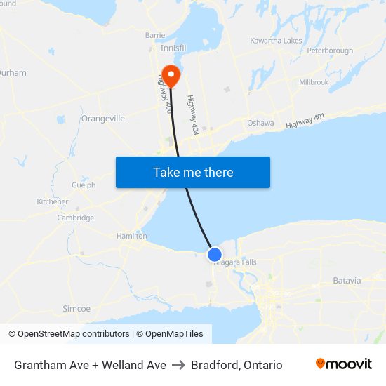 Grantham Ave + Welland Ave to Bradford, Ontario map