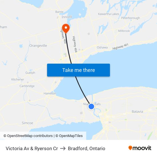 Victoria Av & Ryerson Cr to Bradford, Ontario map