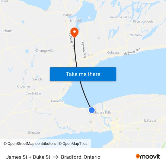 James St + Duke St to Bradford, Ontario map