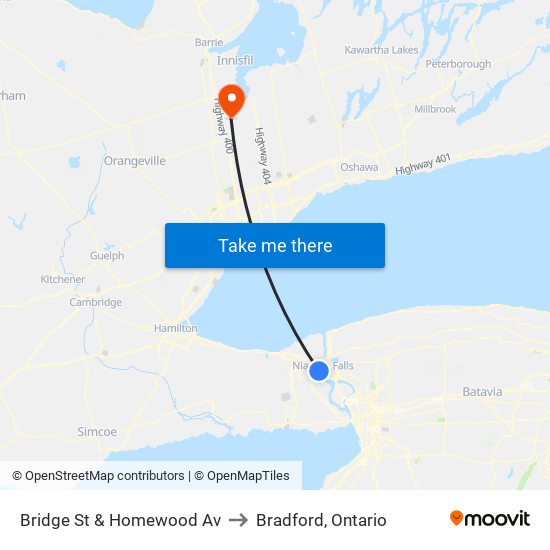 Bridge St & Homewood Av to Bradford, Ontario map