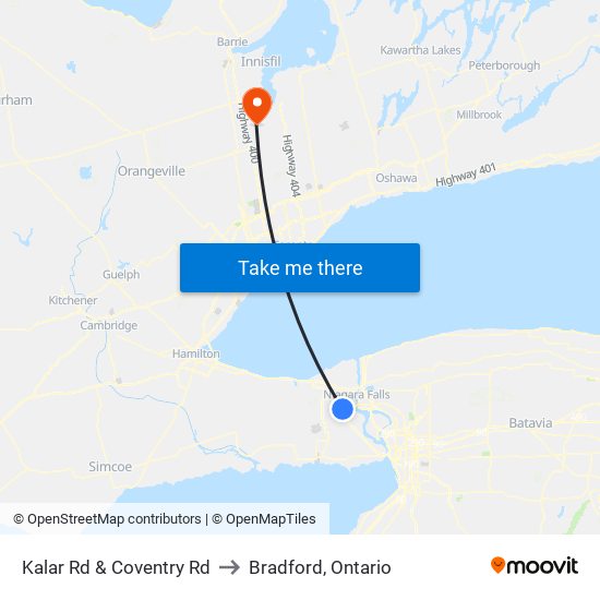 Kalar Rd & Coventry Rd to Bradford, Ontario map