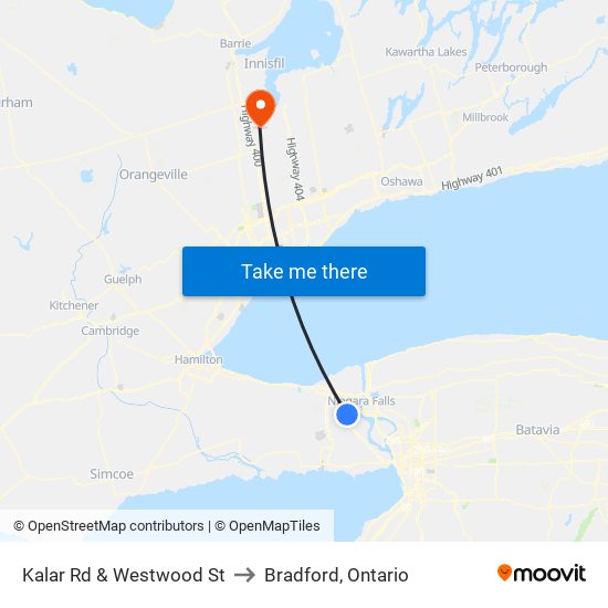 Kalar Rd & Westwood St to Bradford, Ontario map
