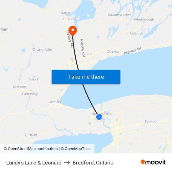 Lundy's Lane & Leonard to Bradford, Ontario map