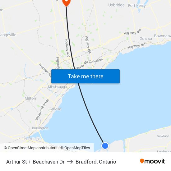 Arthur St + Beachaven Dr to Bradford, Ontario map