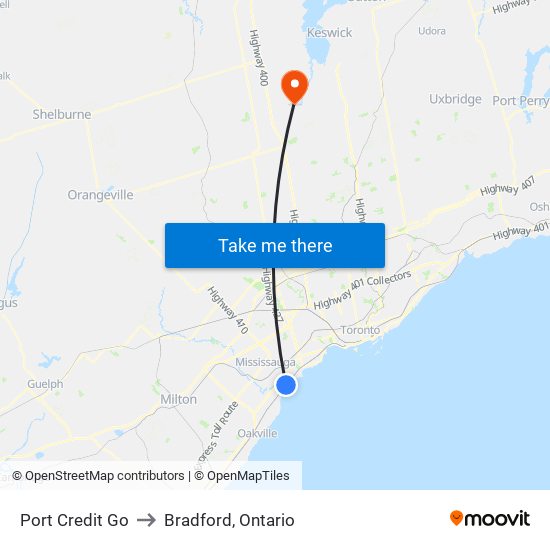 Port Credit Go to Bradford, Ontario map