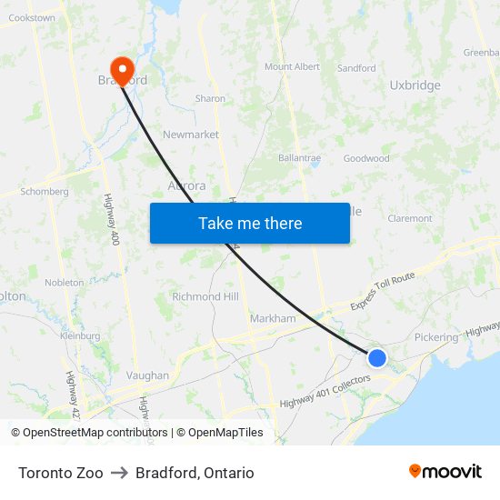 Toronto Zoo to Bradford, Ontario map