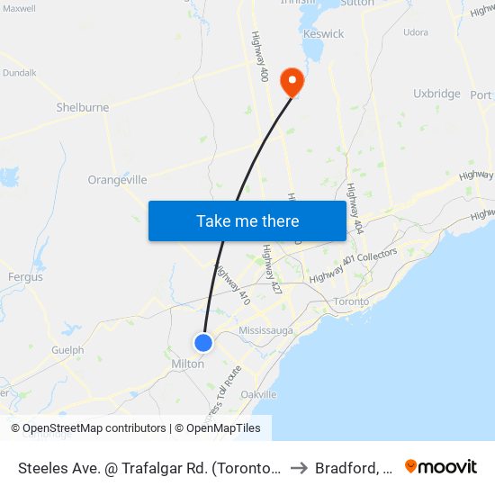 Steeles Ave. @ Trafalgar Rd. (Toronto Premium Outlets) to Bradford, Ontario map