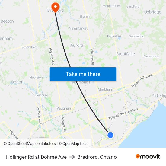 Hollinger Rd at Dohme Ave to Bradford, Ontario map