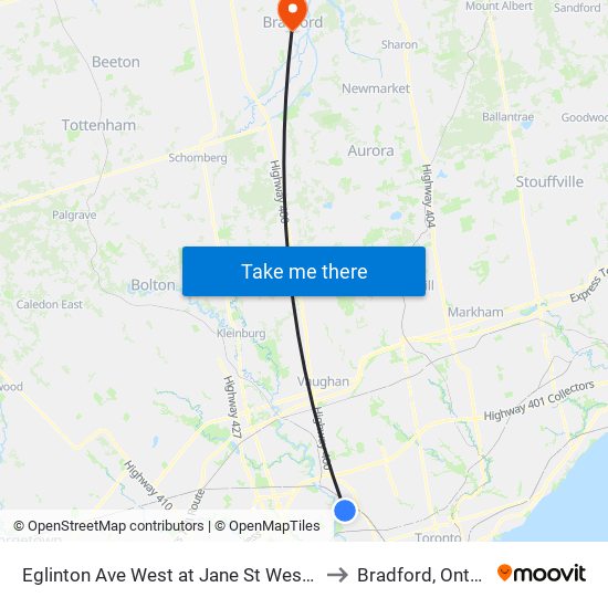 Eglinton Ave West at Jane St West Side to Bradford, Ontario map