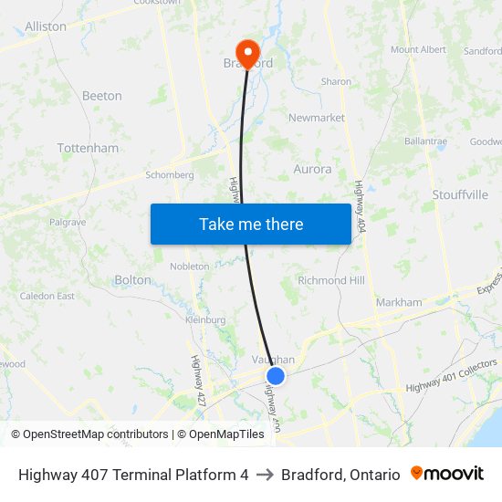 Highway 407 Terminal Platform 4 to Bradford, Ontario map