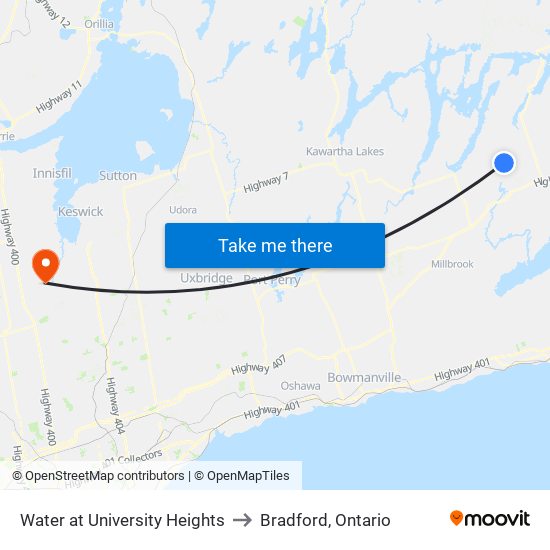 Water at University Heights to Bradford, Ontario map