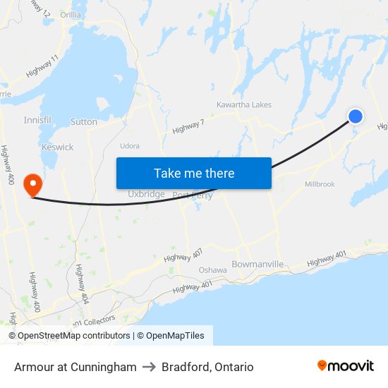 Armour at Cunningham to Bradford, Ontario map