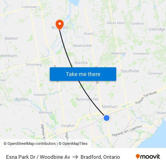 Esna Park Dr / Woodbine Av to Bradford, Ontario map