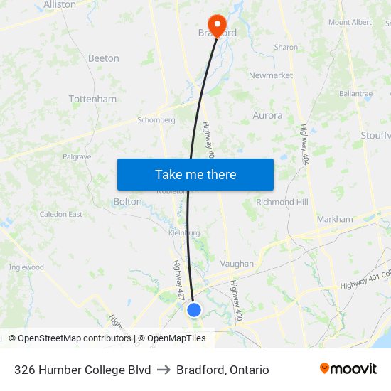 326 Humber College Blvd to Bradford, Ontario map