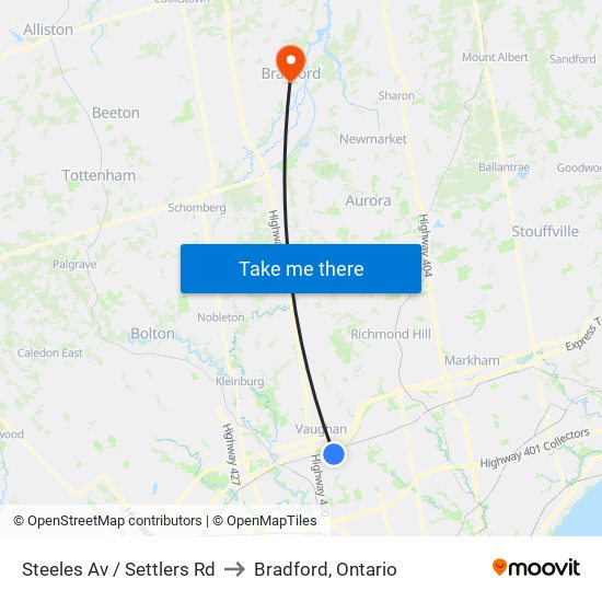 Steeles Av / Settlers Rd to Bradford, Ontario map