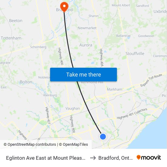 Eglinton Ave East at Mount Pleasant Rd to Bradford, Ontario map