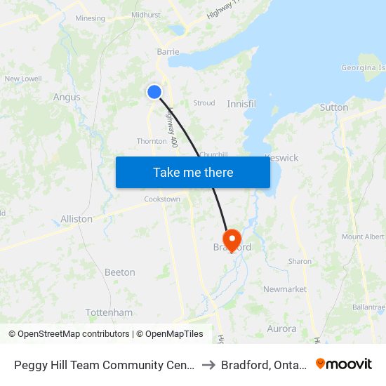 Peggy Hill Team Community Centre to Bradford, Ontario map