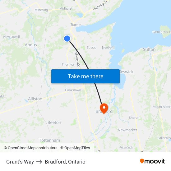 Grant's Way to Bradford, Ontario map