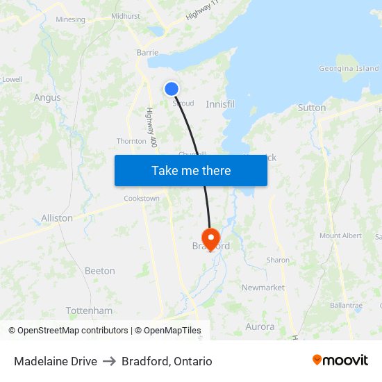 Madelaine Drive to Bradford, Ontario map