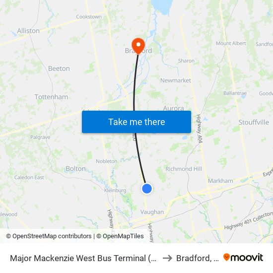 Major Mackenzie West Bus Terminal (Canada's Wonderland) to Bradford, Ontario map