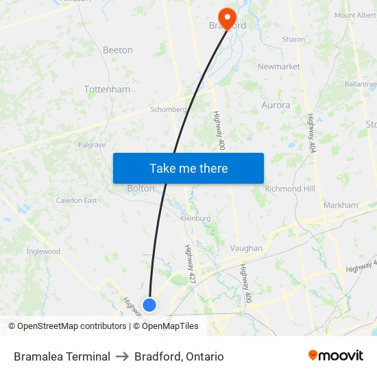 Bramalea Terminal to Bradford, Ontario map