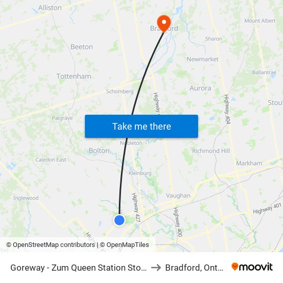 Goreway - Zum Queen Station Stop Eb to Bradford, Ontario map